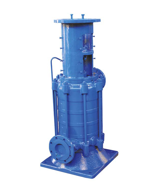 This is a section of the blue-painted pump housing of a vertically dry-installed Apollo pump type GLVB.