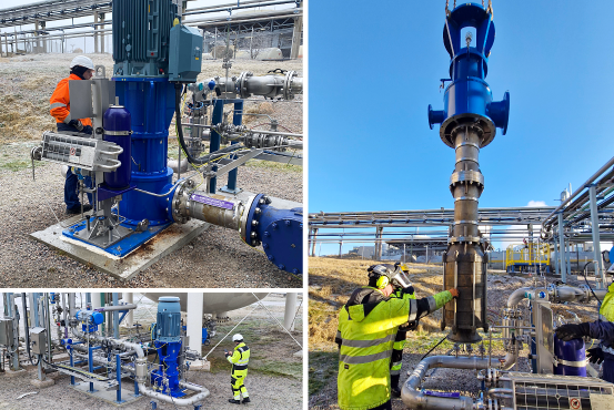Image collage of a vertical, multi-stage centrifugal pump from the GLKV series being installed on a plant construction site for an ammonia plant.
