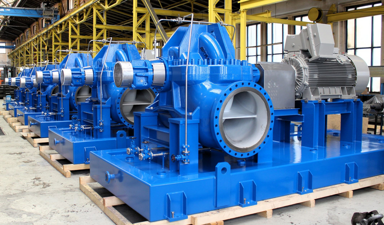 Sechs blau lackierte Apollo Pumpenagregate vom Typ BB1 (einstufige, axialgeteilte, beidseitig gelagerte Prozesspumpen) stehen hintereinander in der Fertigungshalle bereit zu Endabnahme. Im Hintergrund sind gelb lackierte Stahlträger zu sehen.