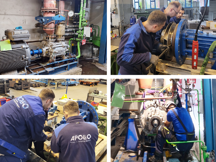 Servicetechniker führen während eines Kraftwerksstillstands umfangreiche Wartungsarbeiten an mehreren horizontalen Kreiselpumpen durch. Die Bildcollage zeigt Demontagearbeiten, die Begutachtung von Pumpenbauteilen, den Austausch von Verschleißteilen sowie die anschließende Montage und präzise Ausrichtung der Aggregate. 
