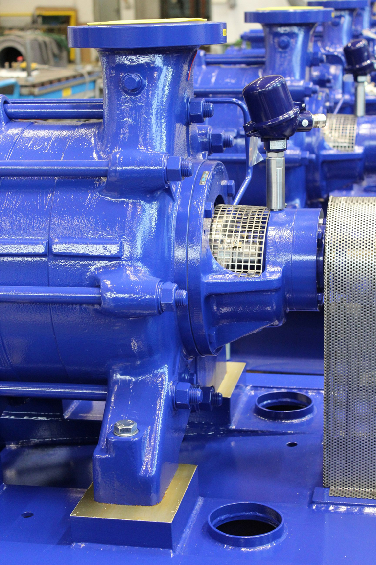 Zu sehen ist eine Detailansicht des blau lackierten Pumpengehäuses der mehrstufigen Apollo GLZ Kondensatpumpe mit Blick auf das Druckgehäuse, die Schrauben, den Lagerträger und den Berührungsschutz für die Antriebswelle als Nahaufnahme zeigt.