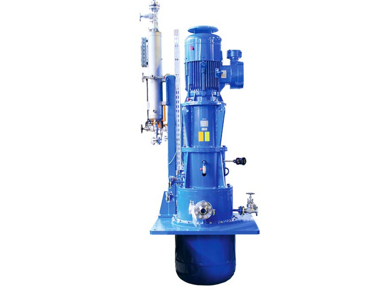 Detail of an Apollo vertical VS6 pump with pot, motor, TS system, and other pump accessories. Everything is painted blue.