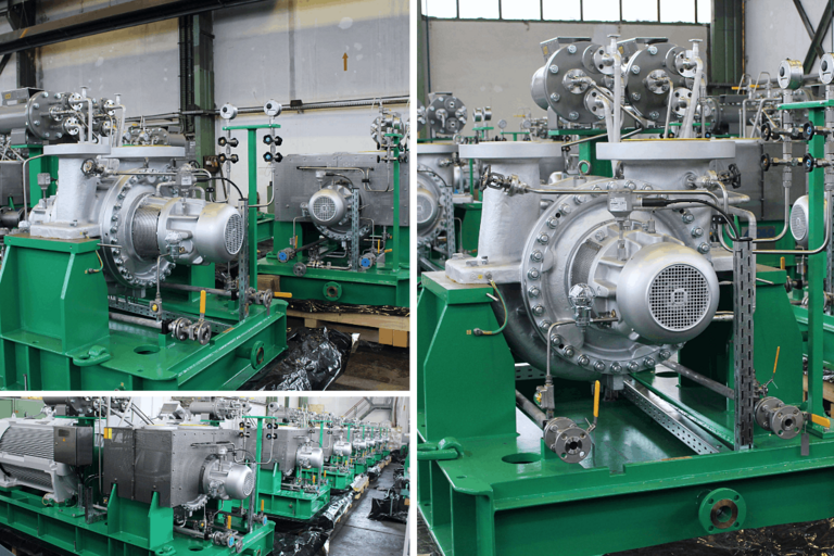 The image collage shows three views of twelve horizontal, single-stage, double-flow process pumps with intermediate storage, which are installed in a gas and steam turbine power plant. These are ZPR type condensate vent pumps from Apollo Pumps, which comply with the API 610 standard, type BB2.
