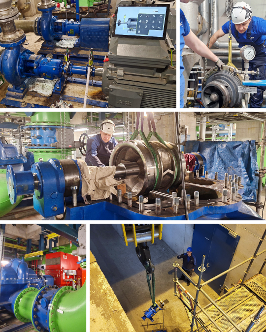 Mehrere Aufnahmen eines Serviceeinsatzes im Kraftwerk zeigen Techniker bei der Instandsetzung verschiedener Prozess- und Hochdruckpumpen. Zu sehen sind geöffnete Pumpengehäuse, ausgebaute Laufräder und Wellen, technische Inspektionen sowie die fachgerechte Wiederinbetriebnahme der Pumpensysteme.