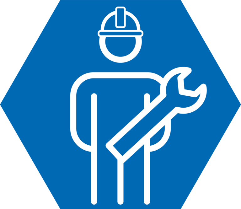 Blue hexagonal symbols with white worker and wrench in the centre