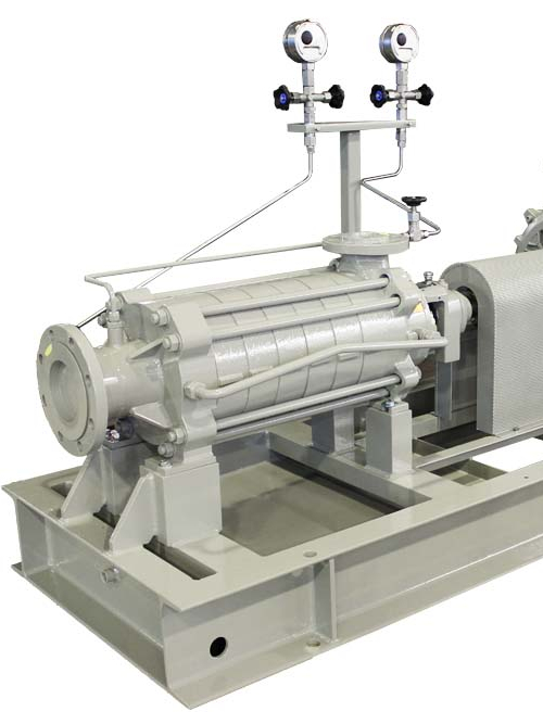 Ausschnitt einer mehrstufigen Pumpe vom Apollo Typ GMZ als Komplettaggregat mit Überwachungssystem, Berührungsschutz , Grundrahmen und Motor.