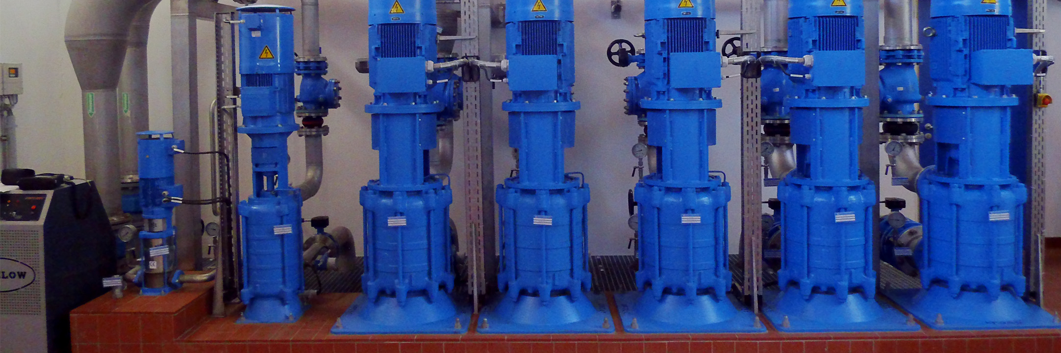 Frontaler Blick auf eine Wasseranlage mit roten Bodenfliesen und blau lackierten vertikalen, trocken aufgestellten Pumpen vom Apollo Typ GLVB.