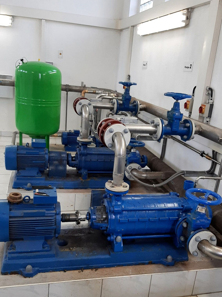 Side view of two self-priming, multi-stage centrifugal pumps of the type GLA from Apollo in a white-tiled pressure booster system.