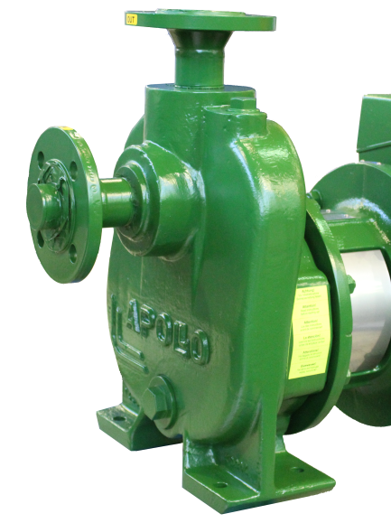 Ausschnitt einer grün lackierten, selbstansaugenden, horizontalen, einstufige Kreiselpumpe als Blockpumpe mit E-Motor.