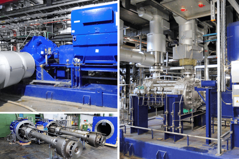 Die Bildcollage zeigt drei Ansichten von Prozesspumpen, die in einem Gas- und Dampfturbinenkraftwerk installiert sind. Zu sehen sind eine Fernwärme-Kondensatpumpe (Apollo-Pumpentyp GSTV), eine Speisewasserpumpe (Apollo-Pumpentyp HPD) und eine Fernwärmepumpe (Apollo-Pumpentyp ZMK).