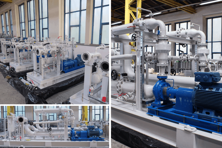 Collage aus 3 Bildern auf den Weiterleitungs-Entladesysteme in weiß/blau lackiert zu sehen sind, als Nahaufname und Überblicksbild dargestellt. Ein Bild zeigt zudem eine integrierte einstufige Kreiselpumpe mit Fußaufstellung. 