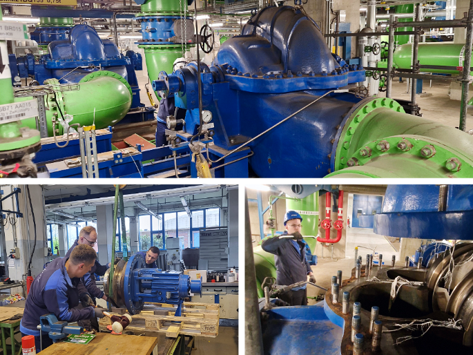 Bildcollage eines geplanten Kraftwerksstillstands mit Fokus auf die Pumpeninstandhaltung. Das Serviceteam demontiert Pumpenkomponenten, prüft Lager und Dichtungssysteme, dokumentiert den technischen Zustand der Bauteile und führt die Endmontage mit anschließender Feinausrichtung der Maschinen durch.