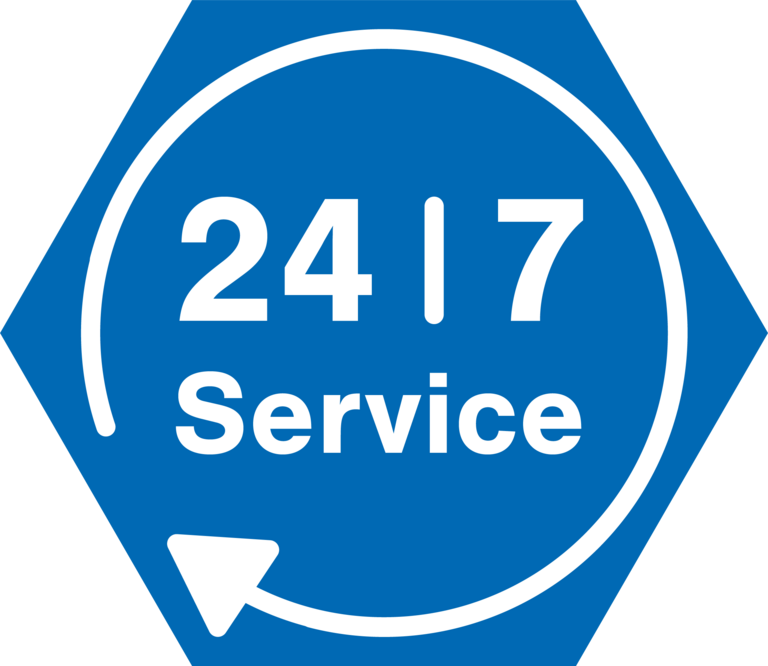 Blue hexagon symbol with 24/7 service