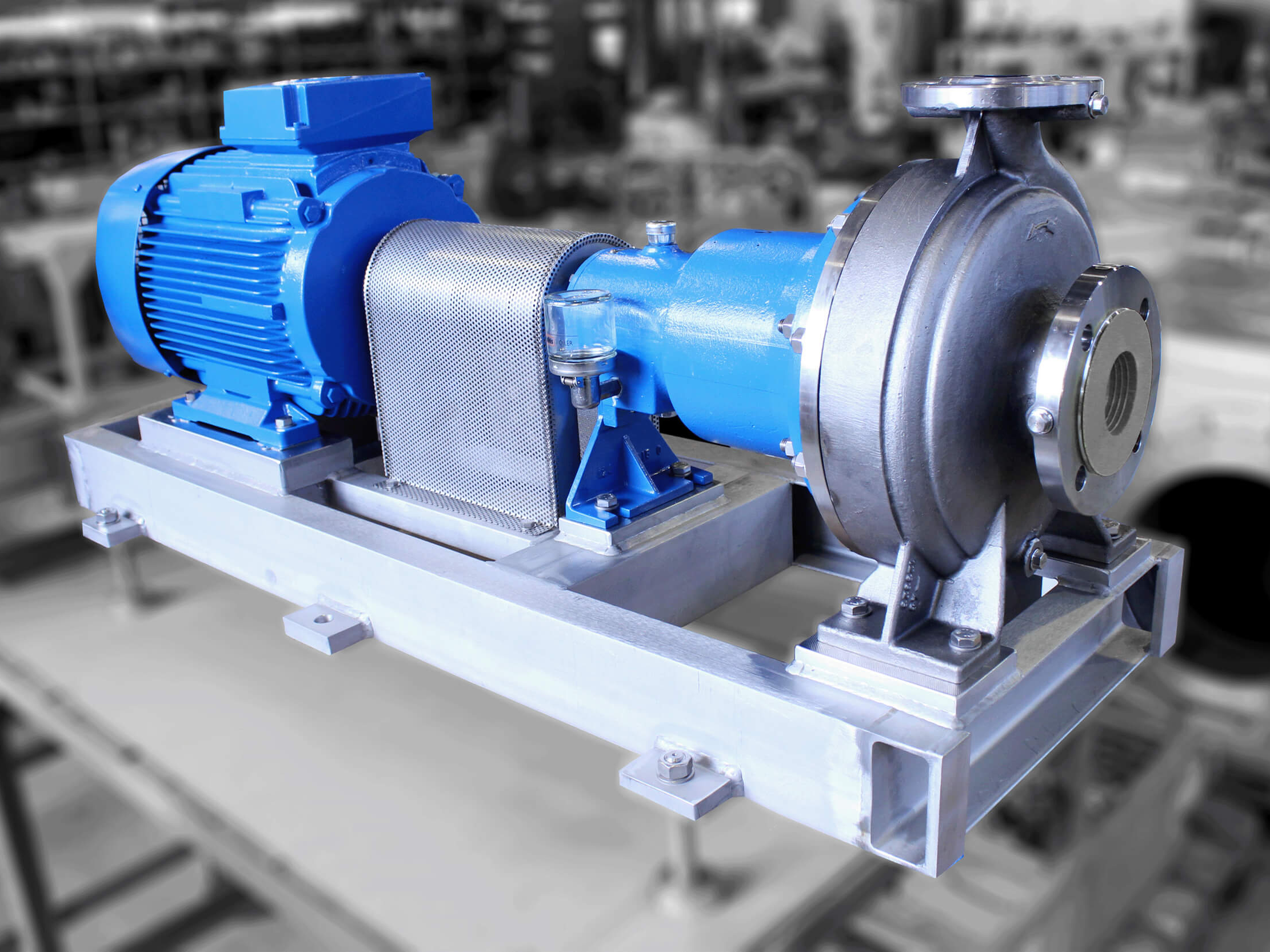 Magnetically coupled standard pump, non-contact power transmission for chemical applications, with focus on zero leakage.