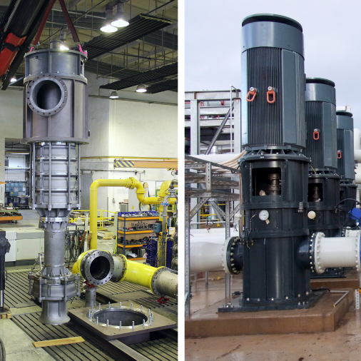 You can see a vertical, multi-stage Apollo circulation pump hanging from the crane of the Apollo test stand, as well as a view of these three identical high-pressure pumps installed in a geothermal power plant for an ORC application.