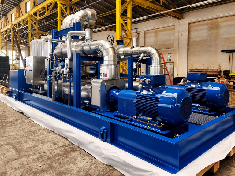 Pre-assembled air preheating pump skid from Apollo Gößnitz GmbH with two KRC spiral casing pumps, integrated 3000-liter expansion tanks, piping, valves, and measuring instruments on a steel frame in the production hall. 
