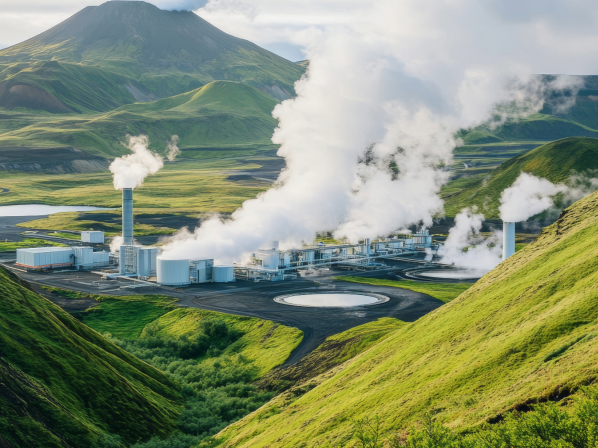 A geothermal power plant stretches across a wide landscape. The power plant consists of several large metal tanks and chimneys that submit steam. Around the power plant are green meadows and green mountains that highlight the natural environment, a blue sky with scattered clouds. 