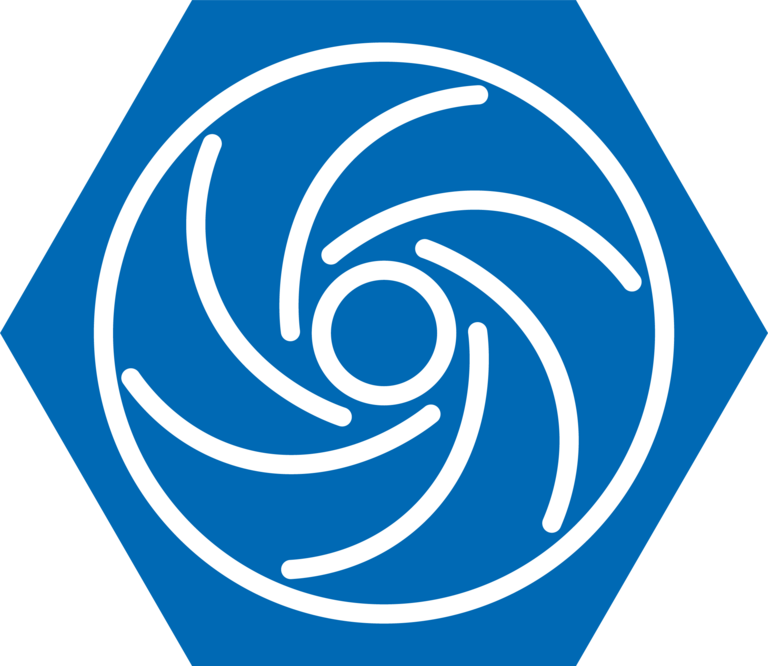 Blue hexagonal symbols with white impeller