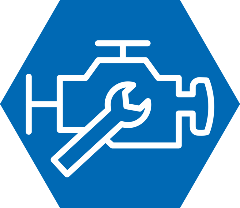 Blue hexagonal symbols with a white sectional drawing of the pump and a spanner in the centre.