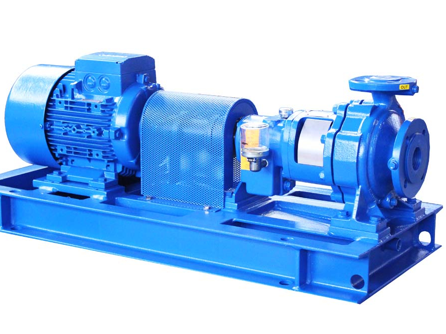 Cut-out of a blue single-stage centrifugal pump, Apollo type KRC (OH1 type).