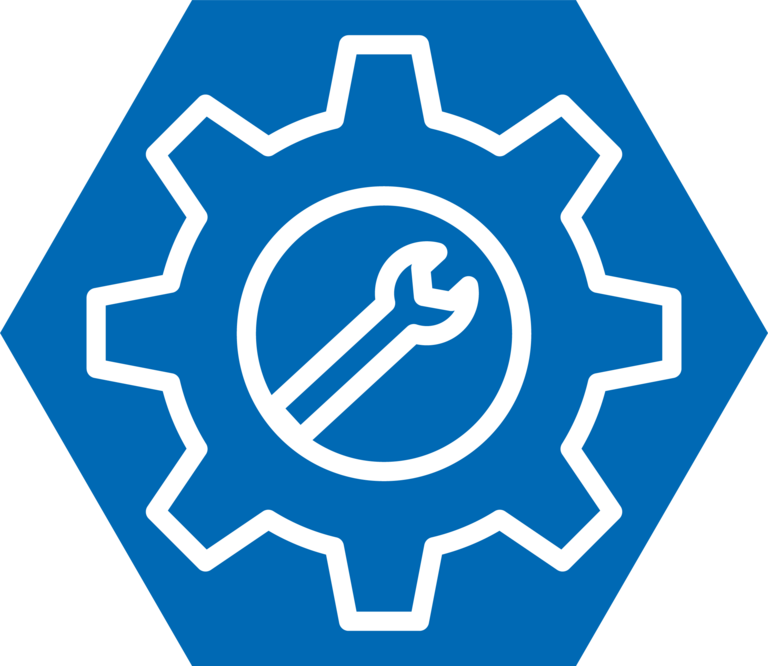Blue hexagonal symbols with white gearwheel and spanner centred on gearwheel