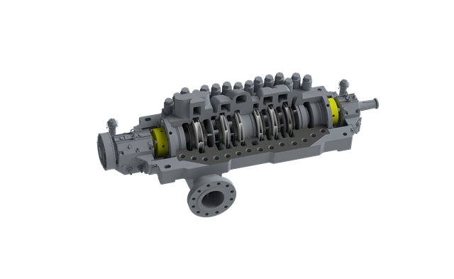 3D Schnittdarstellung mit Viertelausschnitt sodass alle Innenbauteile der BB3 Pumpe deutlich zu sehen sind.