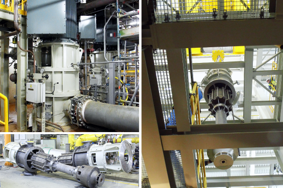 Bildcollage aus drei unterschiedlichen Bildansichten einer Hauptkondensatpumpe welche einmal liegend währende der Fertigung bei Apollo zu sehen ist, einmal mit dem Kran in der Kraftwerksanlage in den Pumpentopf eingelassen wird und eine Ansicht komplett eingebaut in dem Industriekomplex.