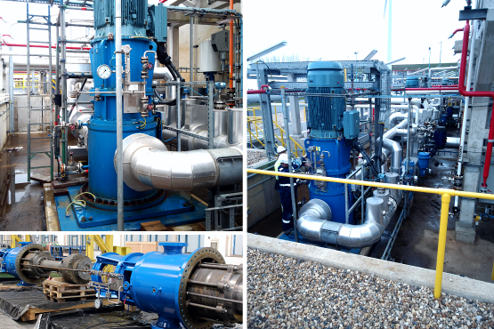 Bildcollage aus drei Bildern mit verschieden Ansichten von vertikalen mehrstufigen Pumpen für ein Tank Terminal mit ATEX zertifizierung für Zone 1.