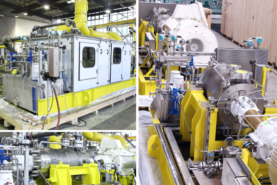Collage of three images showing different views of a BB5 back-to-back multistage double casing pump in final assembly with yellow-painted base frames. One image shows the unit with a soundproofing hood over the pump and the Apollo lubricating oil system mounted in the foreground. The third image shows the pump on the Apollo test bench during functional testing.