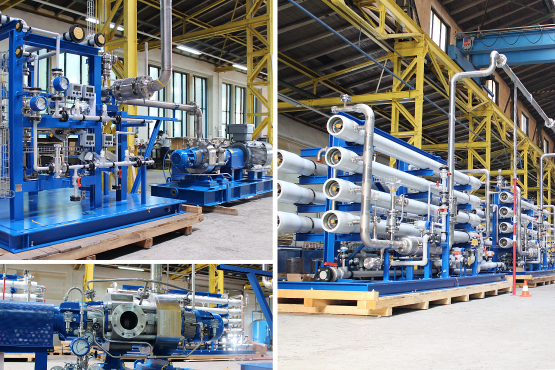 Collage of three images of a nanofiltration desulfurization plant. Detailed images show a ready-to-connect nanofiltration plant including fittings and measurement technology, as well as a high-pressure pump skid of type HP from Apollo Goessnitz.