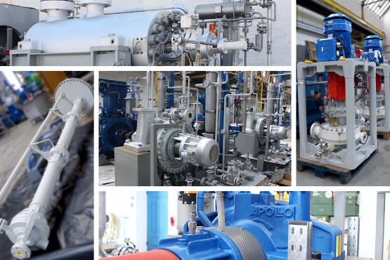 Image collage of five photos of various vertical and horizontal process pumps from Apollo, showing different views and angles of the pump types.