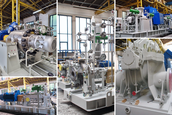 Different pictures of Apollo centrifugal pumps during production in the Apollo assembly halls: barrel pump type BB5, axially split pump type BB3, volute casing pumps type OH2, gray large single-stage axially split pump type BB1 and a large BB2 pump with bearings on both sides.