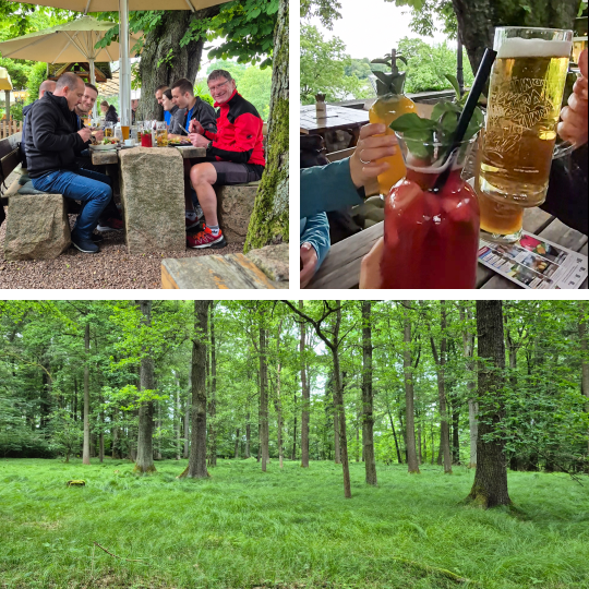 Mehrere Mitarbeitende der Apollo Gößnitz GmbH wandern gemeinsam durch den Chemnitzer Wald. Die Aufnahmen zeigen die Gruppe auf naturbelassenen Waldwegen, umgeben von hohen Bäumen und sommerlichem Grün. Während der 9-km-Strecke stehen Bewegung, Teamgeist und der gemeinsame Austausch in entspannter Atmosphäre im Mittelpunkt